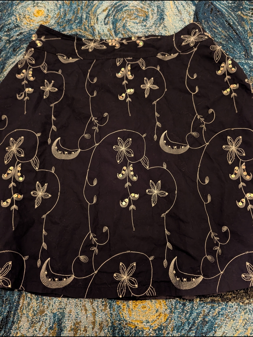Vintage Jessica Black Skirt with Ivory Floral Embroidery